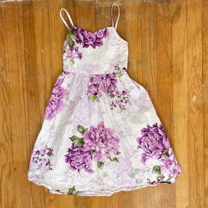 Flofallzique Dress Girls Size 6 Cotton White Purple Floral Print Sleeveless